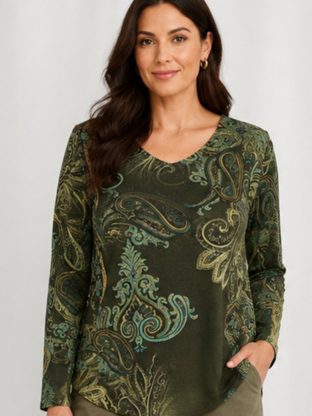 Chico's 1 M 8 10 Brown Retro Paisley Swirl Curved V Neck Stretch Jersey Top